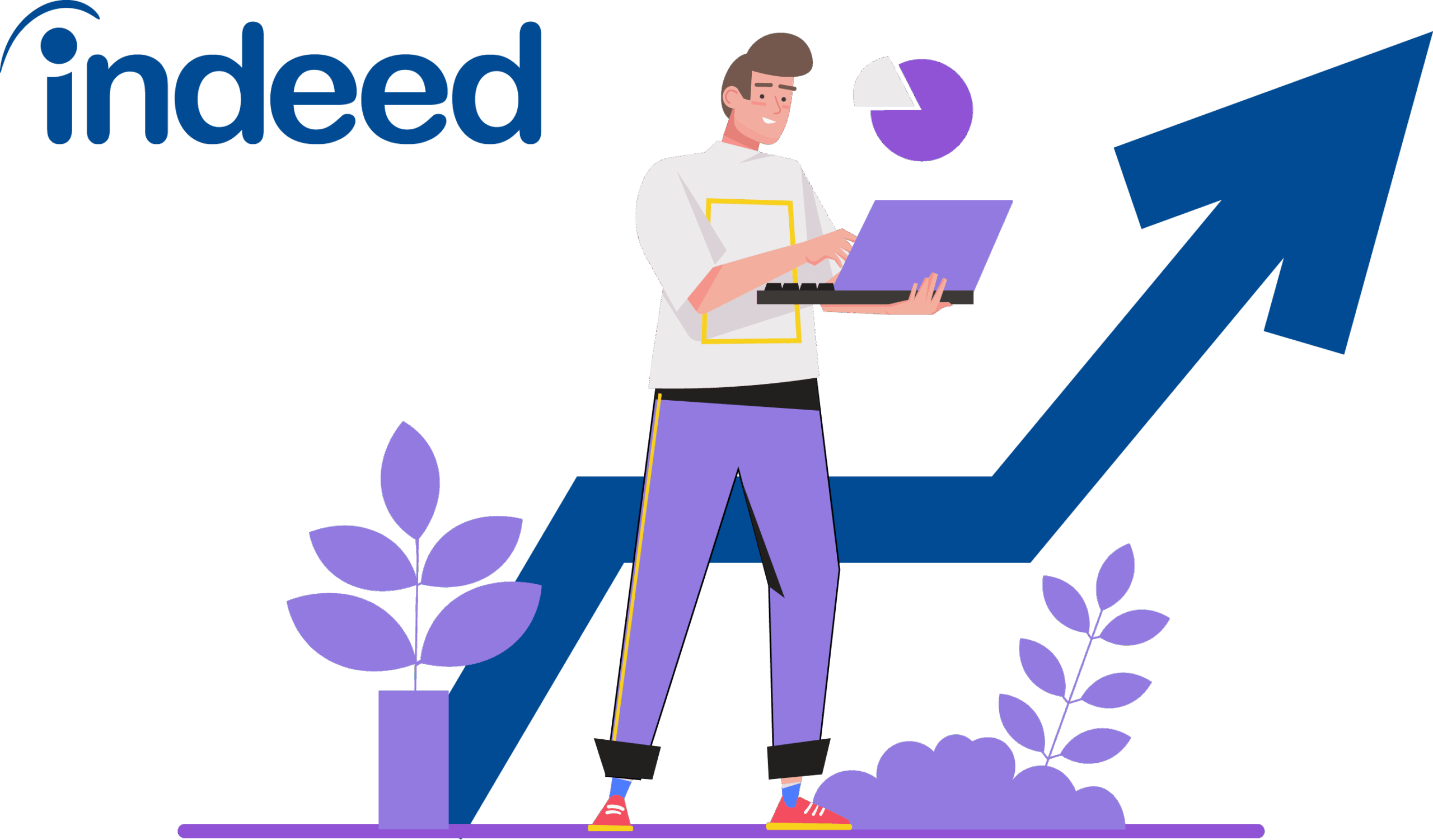 Indeed Job Platform Illustration Illustration eines Mannes mit Laptop vor einem Wachstumspfeil – Indeed Job Plattform für NXTLVLJOBS